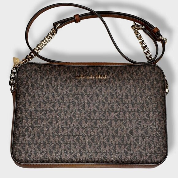 Michael Kors Jet Set Saffiano Leather Crossbody Bag Brown and Tan - Picture 1 of 4